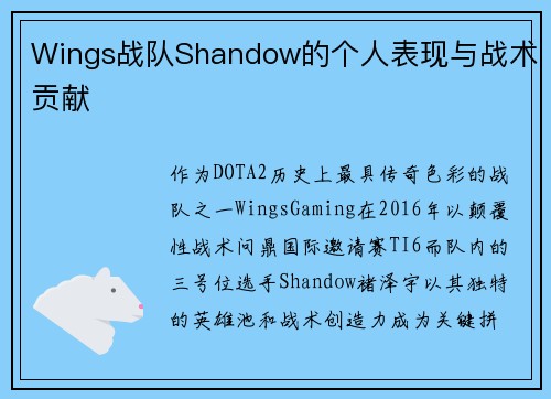 Wings战队Shandow的个人表现与战术贡献