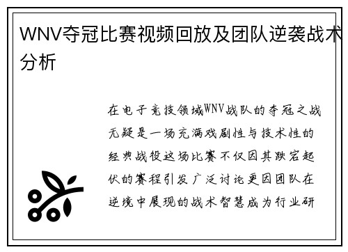 WNV夺冠比赛视频回放及团队逆袭战术分析