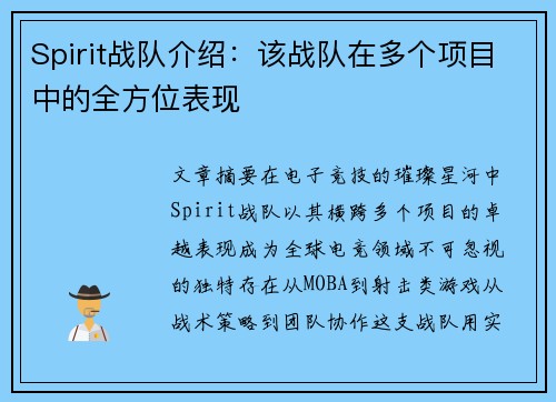 Spirit战队介绍：该战队在多个项目中的全方位表现